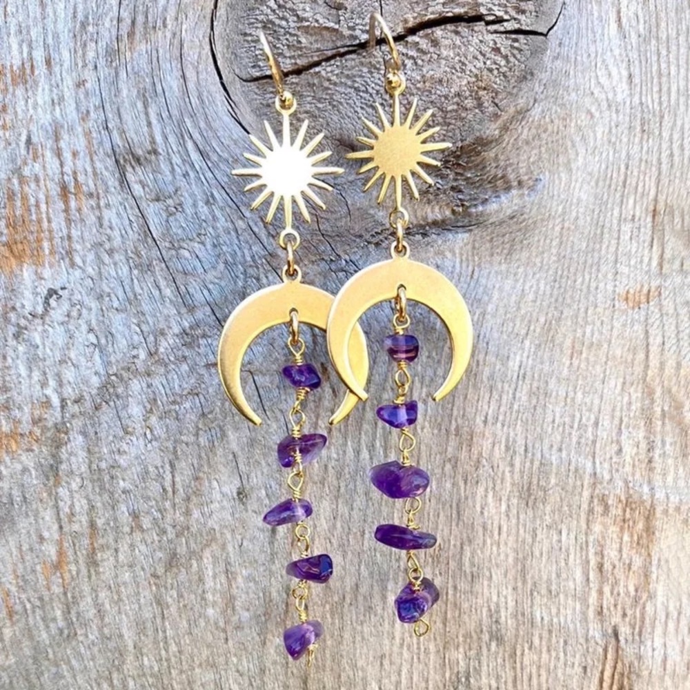 Amethyst moon & sun dangling earrings